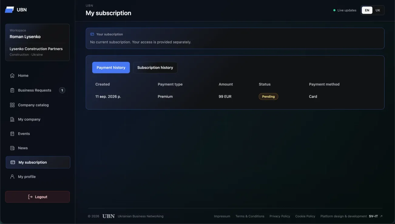 UBN — Subscription and payment history