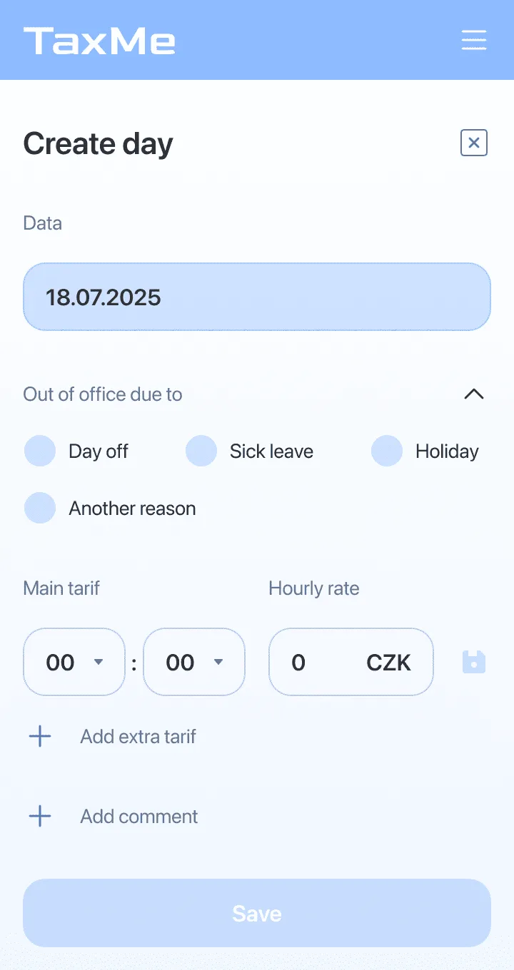 TaxMe daily entry screen